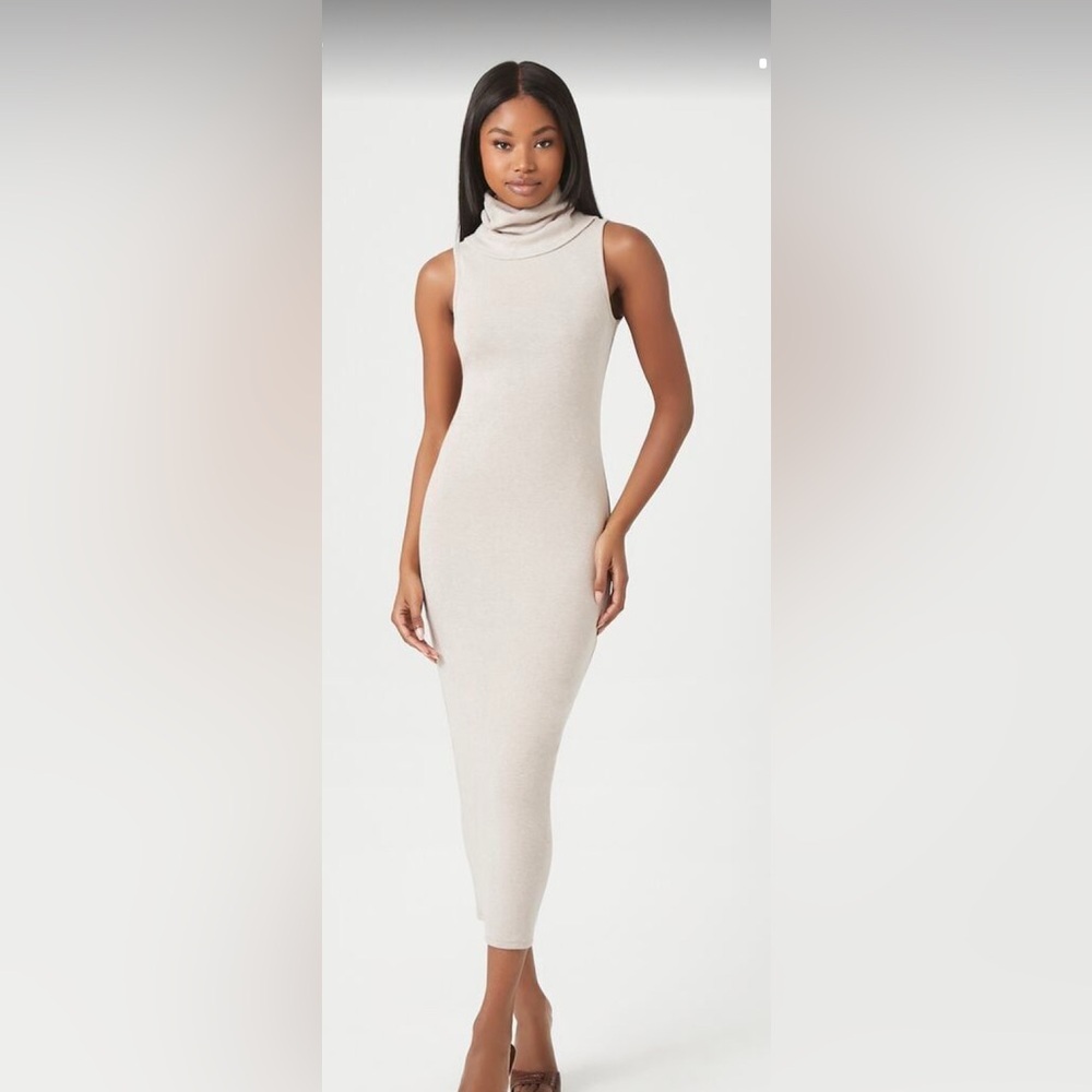 Elegant Tan/ Taupe Sleeveless Turtleneck Dress